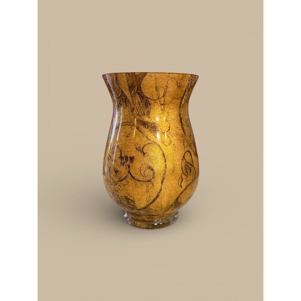 Vintage Gold Leaf Floral Etched Glass Vase – Elegant Decorative Glass